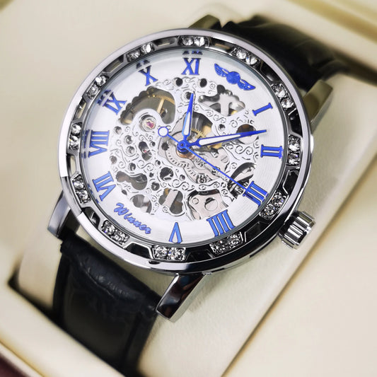 Excellence  Fashion Elegant Ladies Watches Top Brand Luxury Iced Out Skeleton Mechanical Watch Luminous Hands Leather Strap Unisex