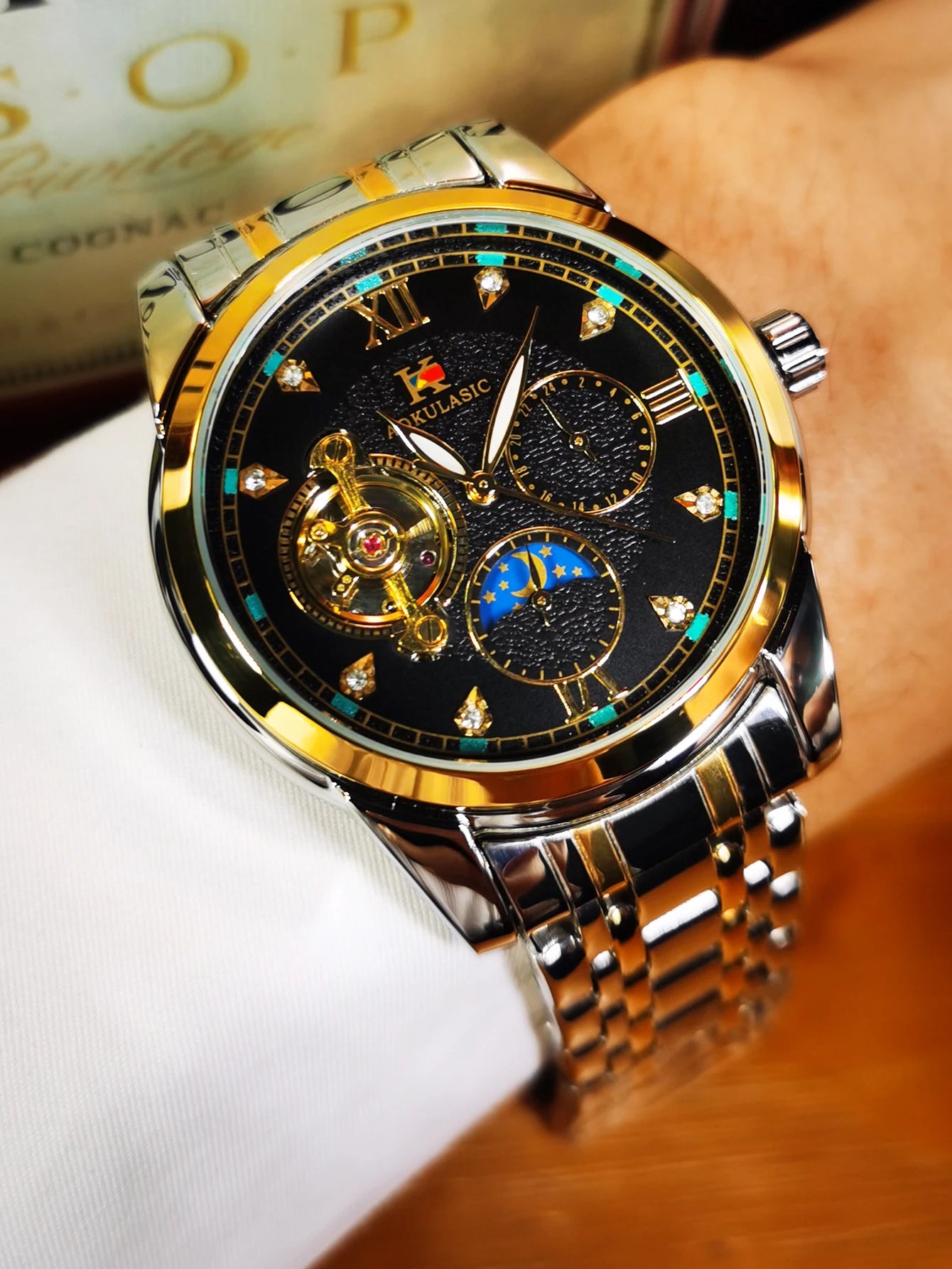 Excellence Luxury Tourbillon Iced Out Automatic Mechanical Watch for Men Luminous Hands Moon Phase Stainless Steel Strap Watches