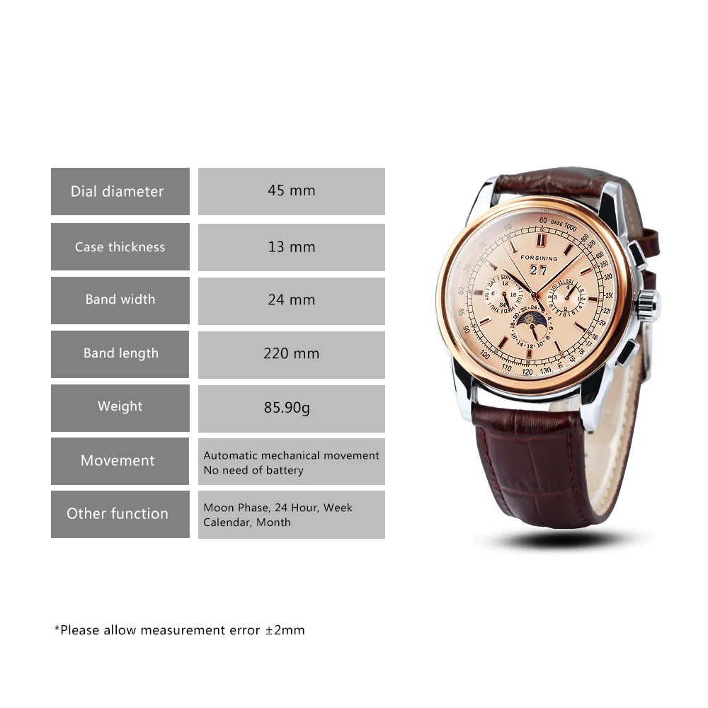 Excellence Mechanical Watches Moon Phase Shanghai Movement Rose Gold Case Brown Leather Strap Luxury Automatic Men's Watch