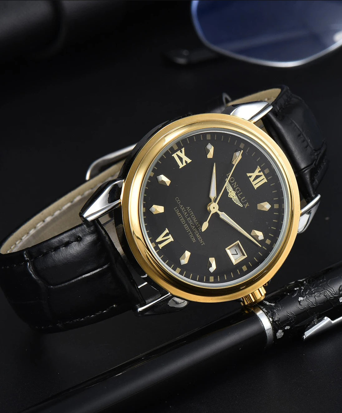 Excellence automatic watch business leisure dating wholesale mechanical wristwatches waterproof leather date men's watch.