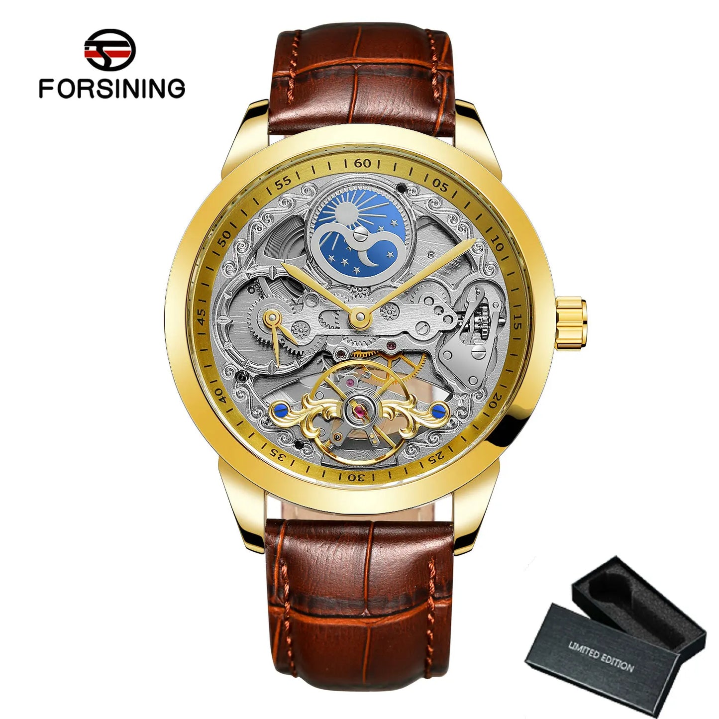 Excellence Fashion Moon Phase Men's Watches Top Brand Luxury Tourbillon Skeleton Automatic Mechanical Watch Brown Leather Belt New