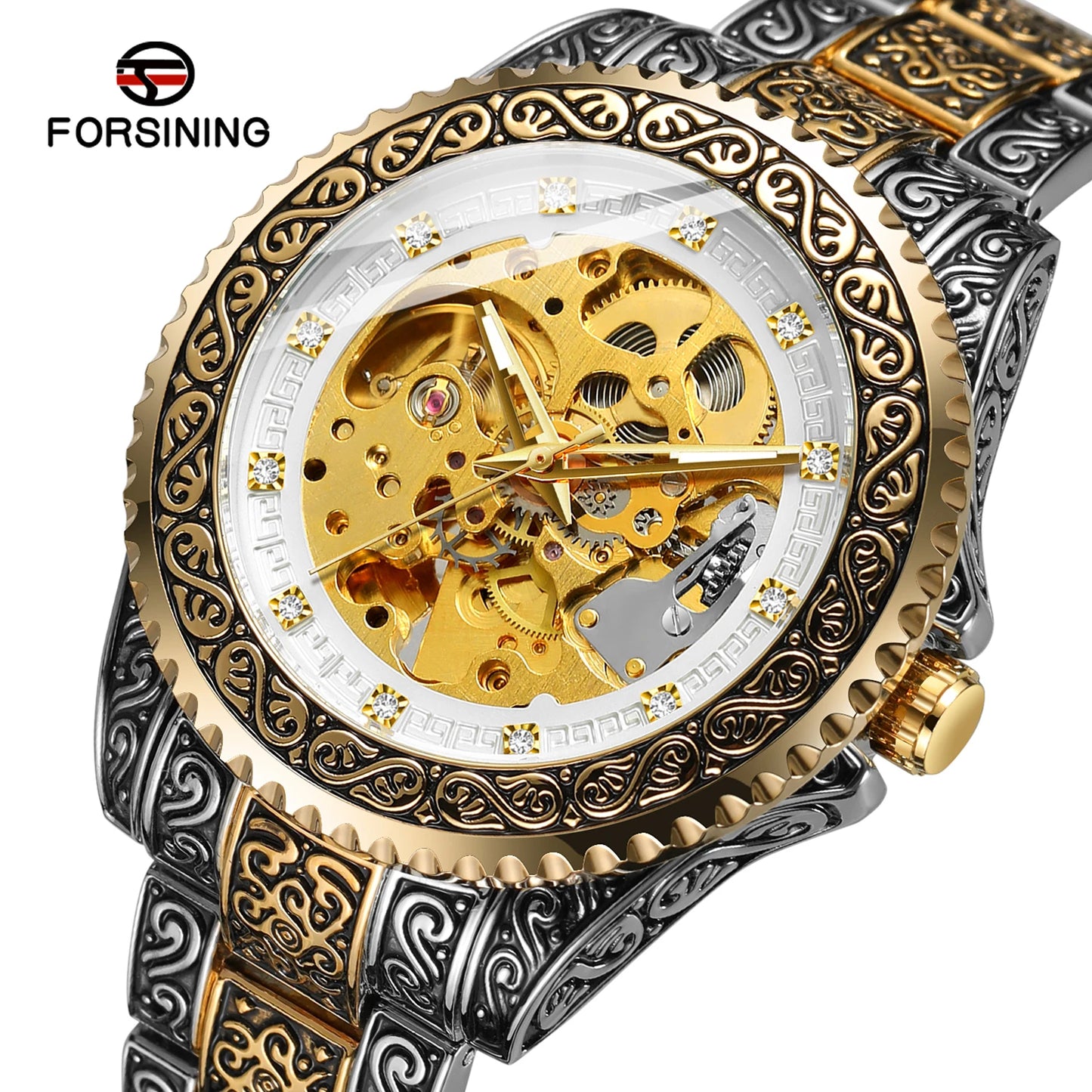 Excellence Luxury Men Automatic Mechanical Wristwatch Waterproof Stainless Steel 3D Diamond Watch Golden Men's watch Vintage