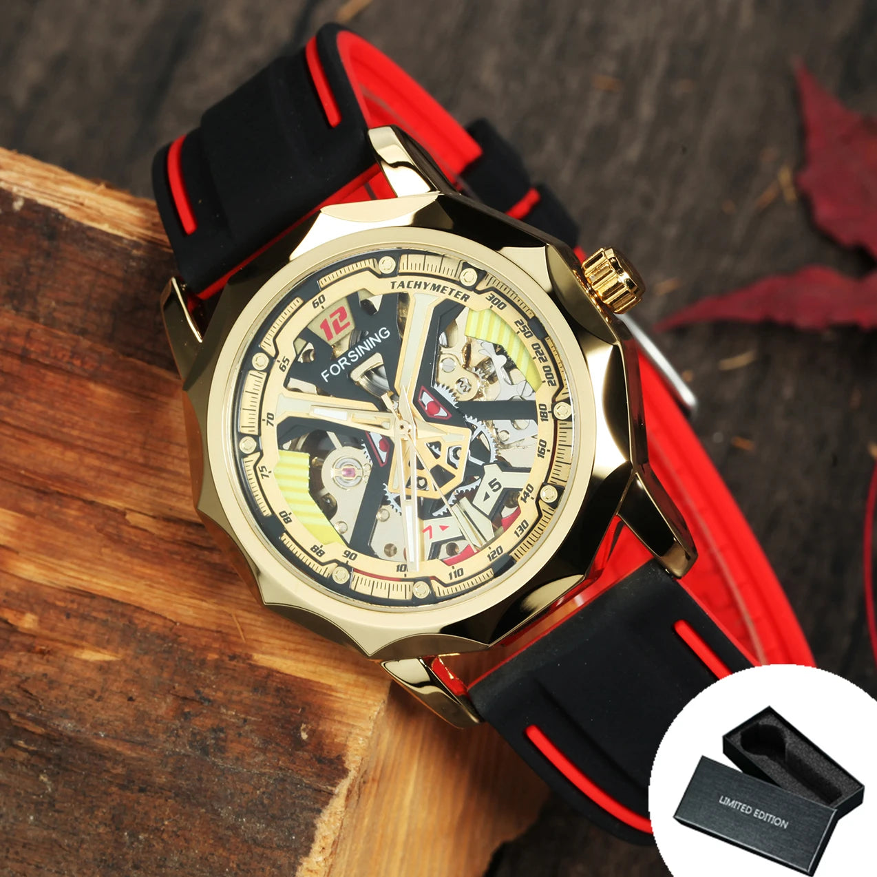 Excellence Fashion Gold Skeleton Mechanical Watches for Men Luminous Hands Casual Black Red Rubber Strap Irregular Sports Watch