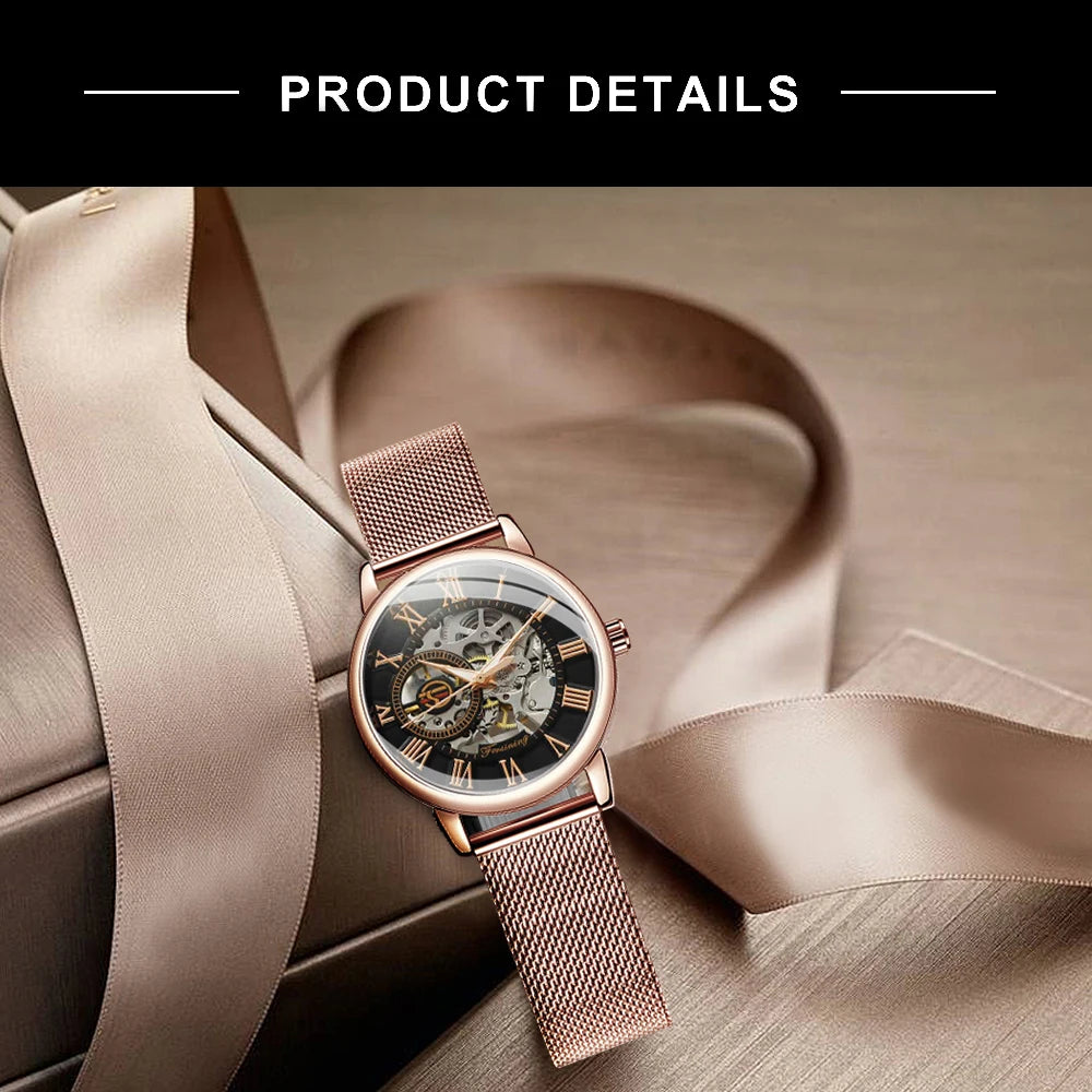 Excellence Rose Gold Skeleton Mechanical Watch for Women Fashion Luminous Hands Elegant Luxury Ladies Watches Mesh Steel Strap