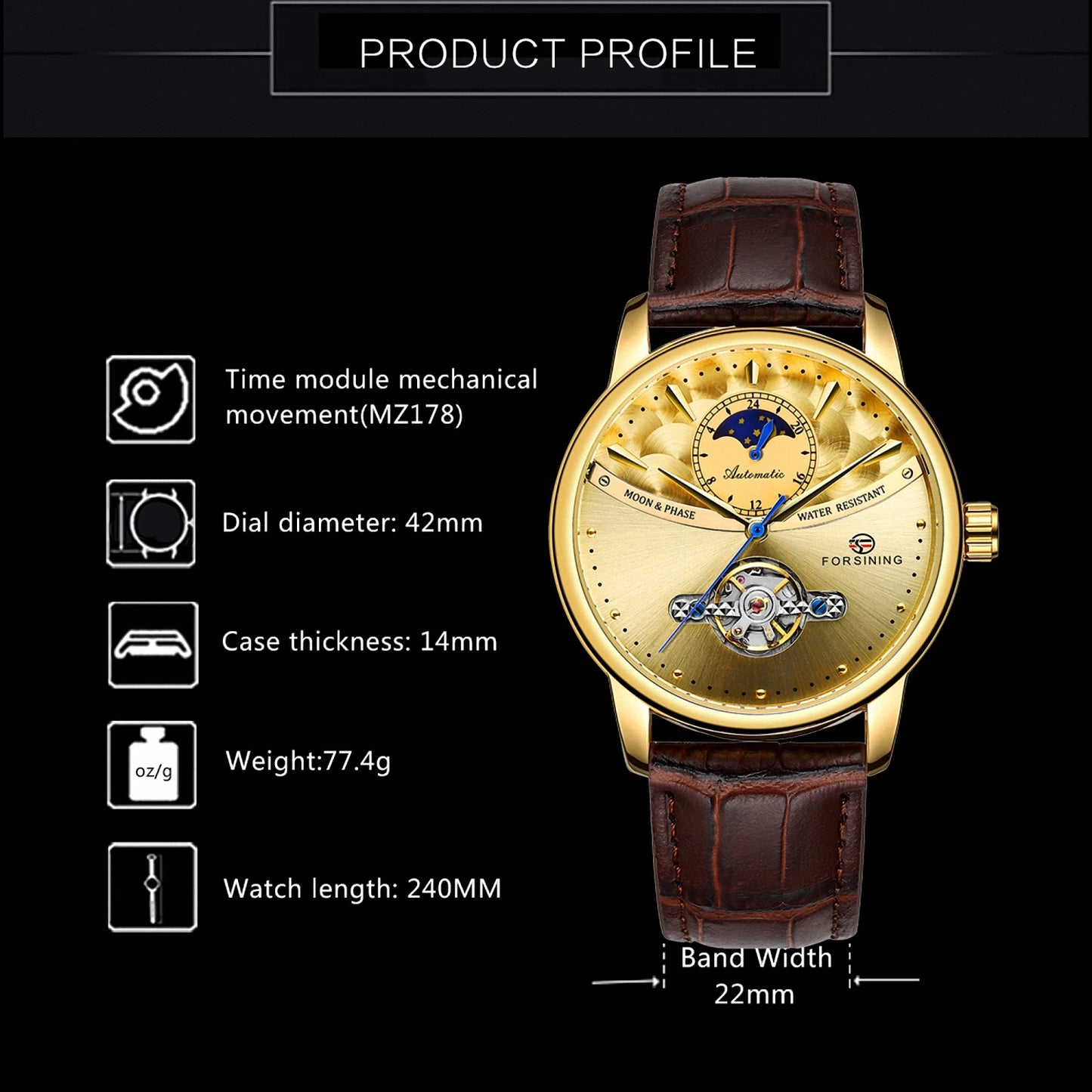 Excellence Luxury Gold Automatic Watch for Men Moon Phase Retro Brown Genuine Leather Belt Tourbillon Skeleton Mechanical Watch