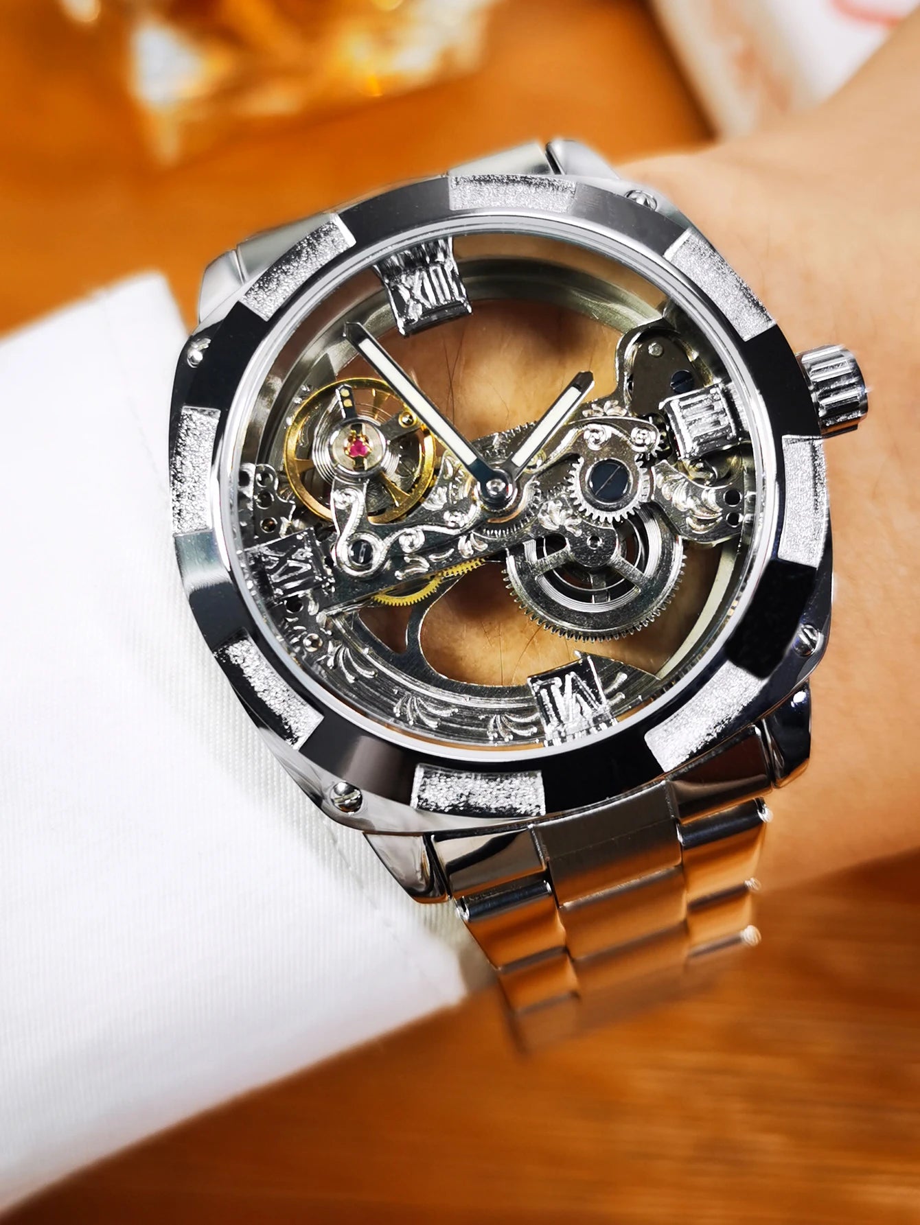 Excellence Luxury Square Skeleton Automatic Men's Watch Golden Bridge Dial Carved Movement Mechanical Waterproof Watches Steel Strap