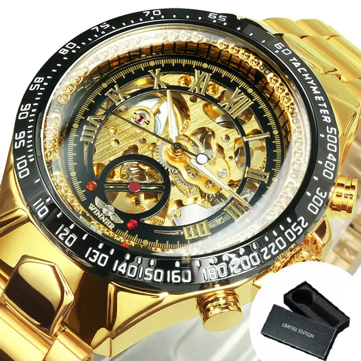 Excellence Gold Transparent Skeleton Automatic Watch for Men Luminous Pointers Luxury Brand Stainless Steel Strap Mechanical Watches