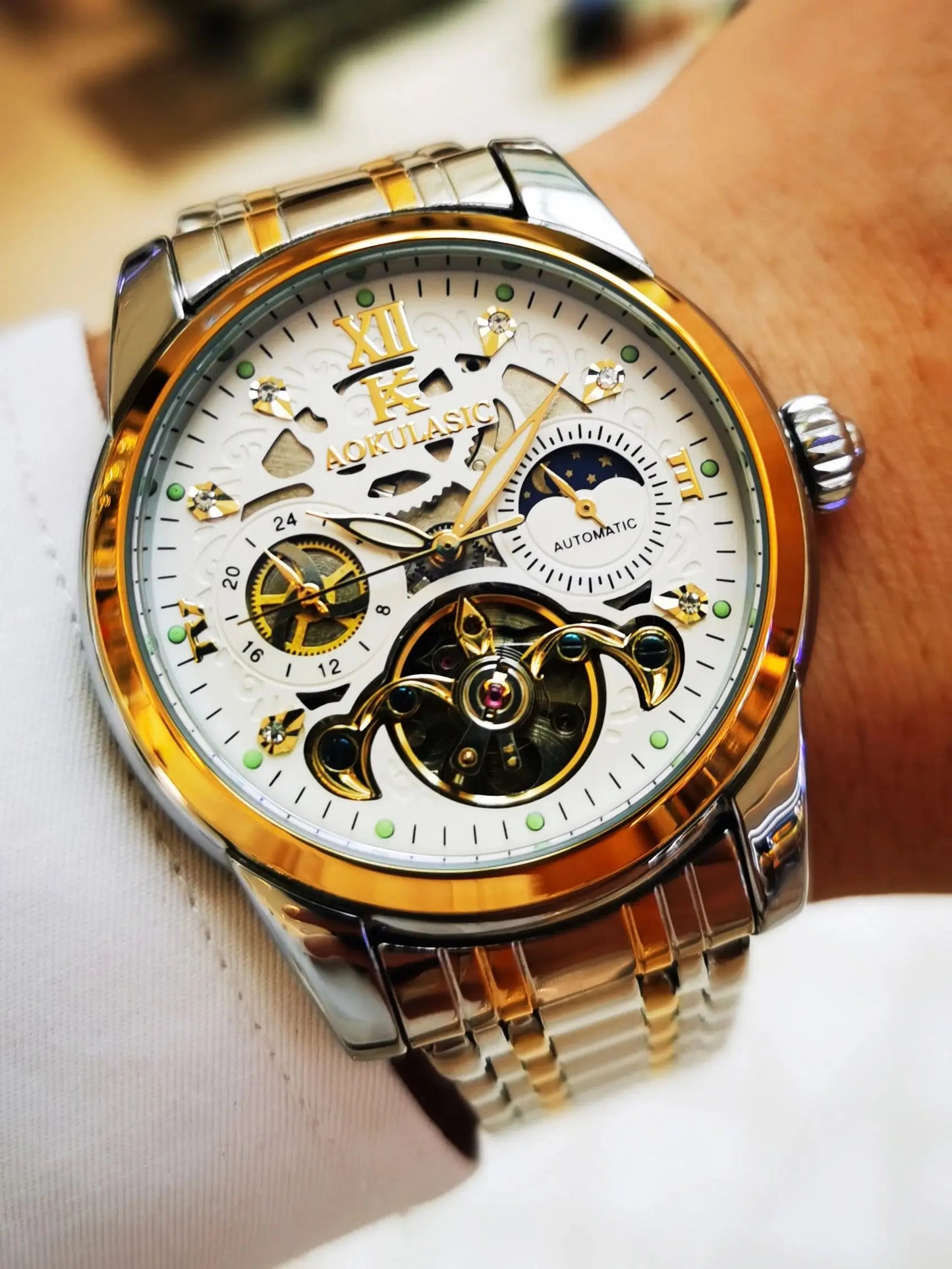 Excellence Luxury Mechanical Watches Moon Phase Fashion Diamond Luminous Hands Tourbillon Skeleton Automatic Men's Watch Steel Strap