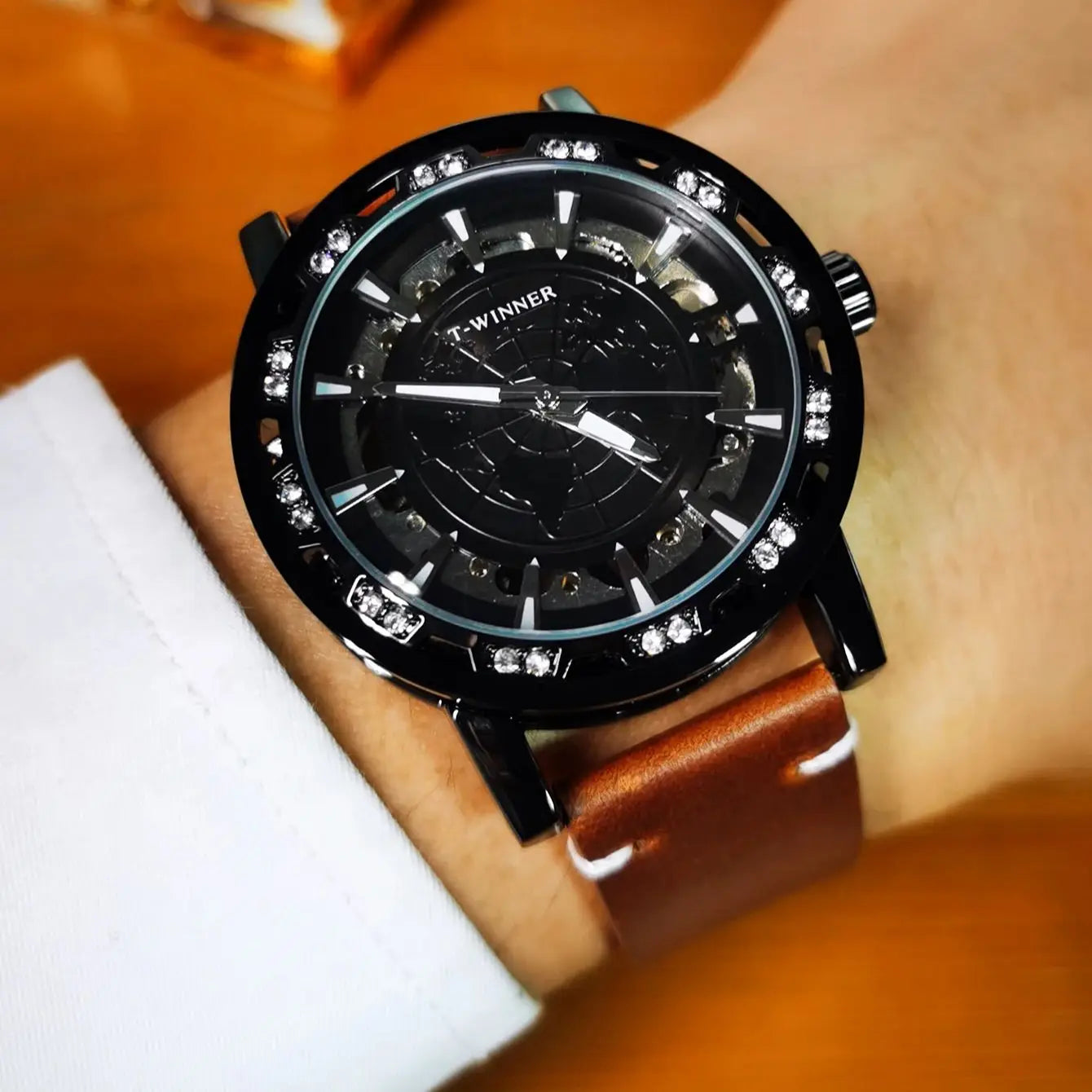 Excellence Classic Iced Out Skeleton Mechanical Watches Luminous Hands Luxury Gold Watch for Men Vintage Brown Leather Strap Clock