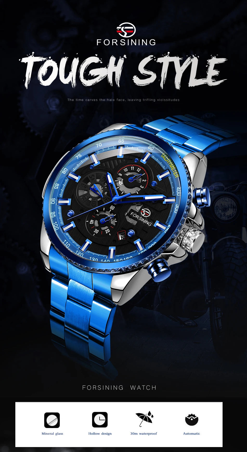 Excellence Sport Waterproof Luminous Blue Big Mechanical Watches Luxury Stainless Steel Men Watch Multifunctional Automatic Date Wristwatch