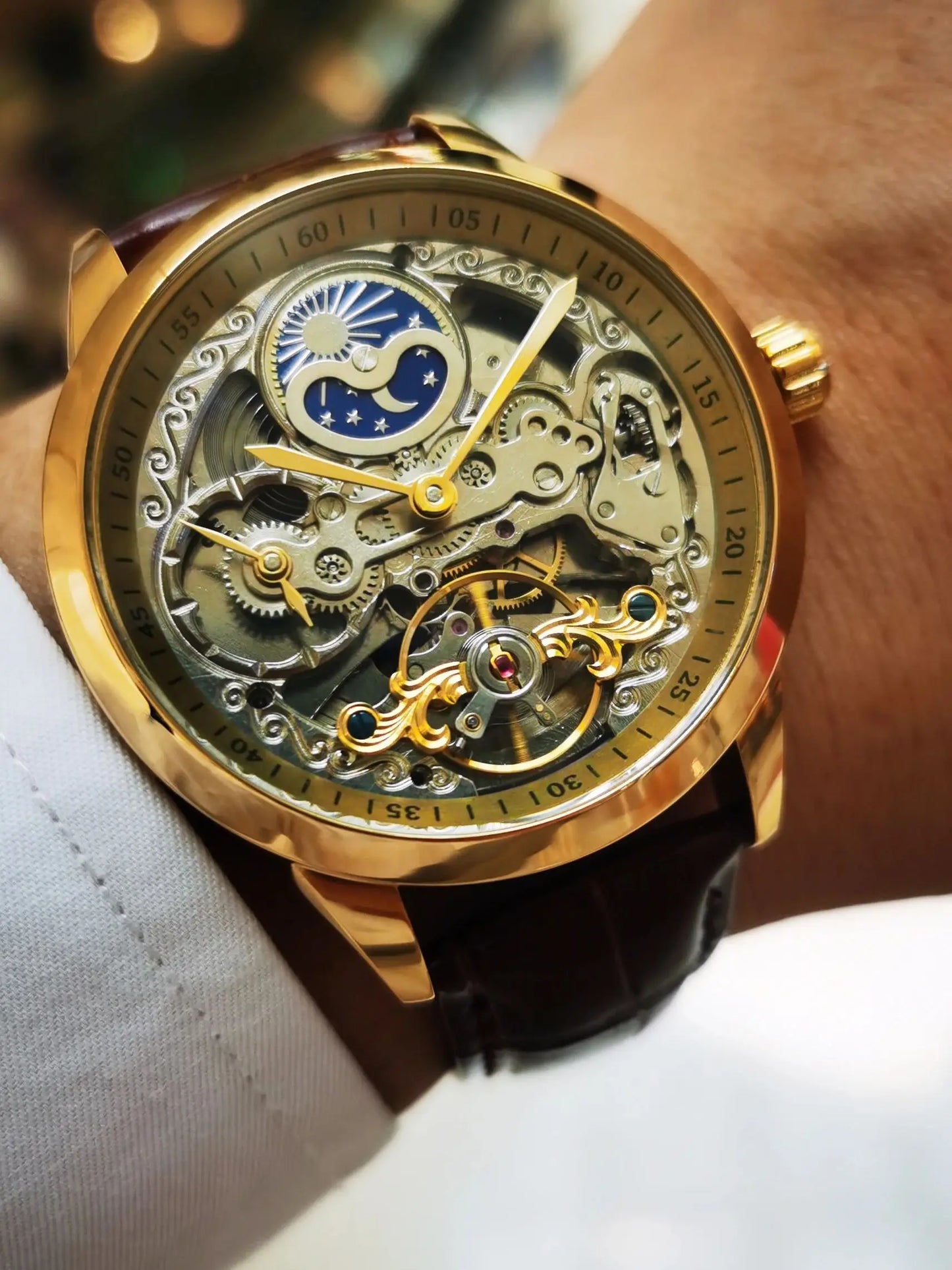 Excellence Moon Phase Skeleton Automatic Watch for Men Luxury Brand Tourbillon Gold Mechanical Watches Brown Leather Strap