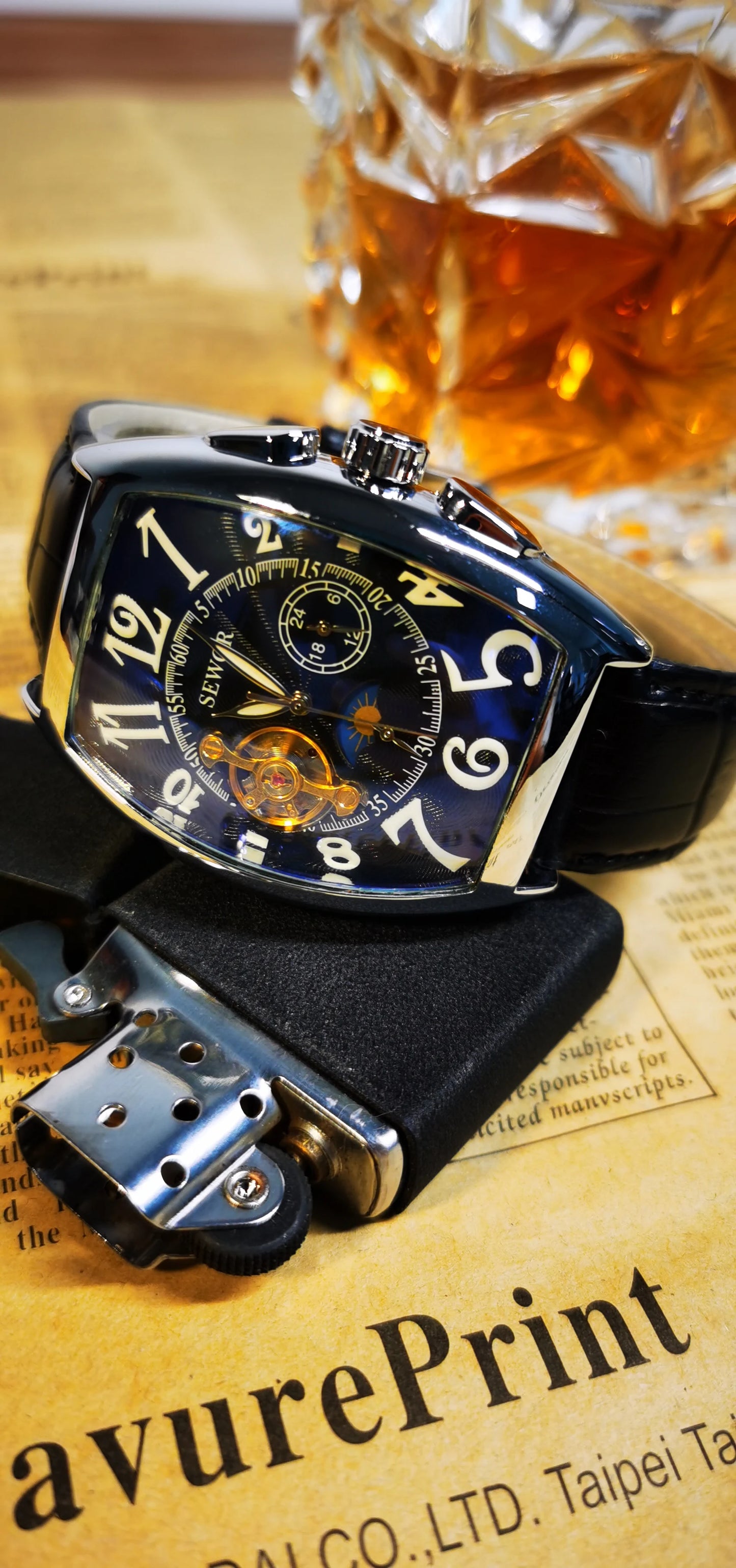 Excellence Luxury Skeleton Automatic Men's Watch Moon Phase Tonneau Tourbillon Mechanical Watches Genuine Leather Strap Luminous Hands