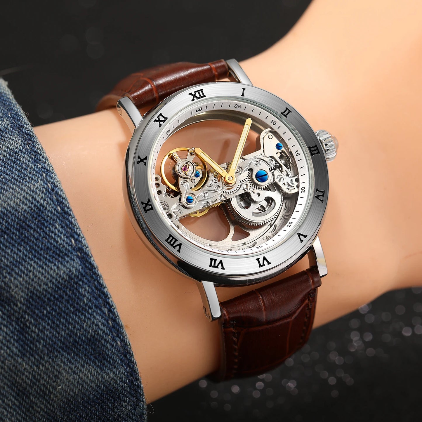 Excellence Gold Bridge Skeleton Automatic Watch for Men Luminous Hands Stainless Steel Leather Strap Luxury Mechanical Watches