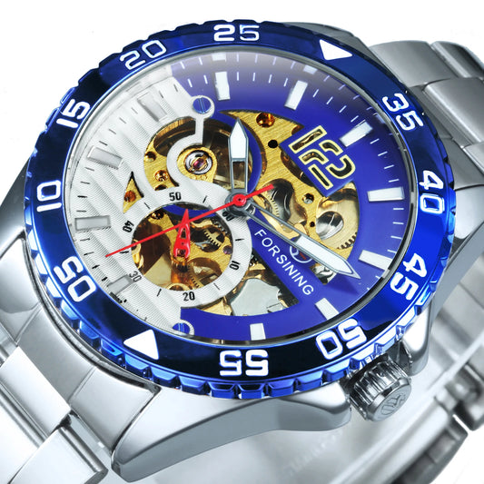 Excellence Skeleton Men's Watch Blue Rotatable Bezel Luxury Automatic Mechanical Watches Stainless Steel Band Wristwatch