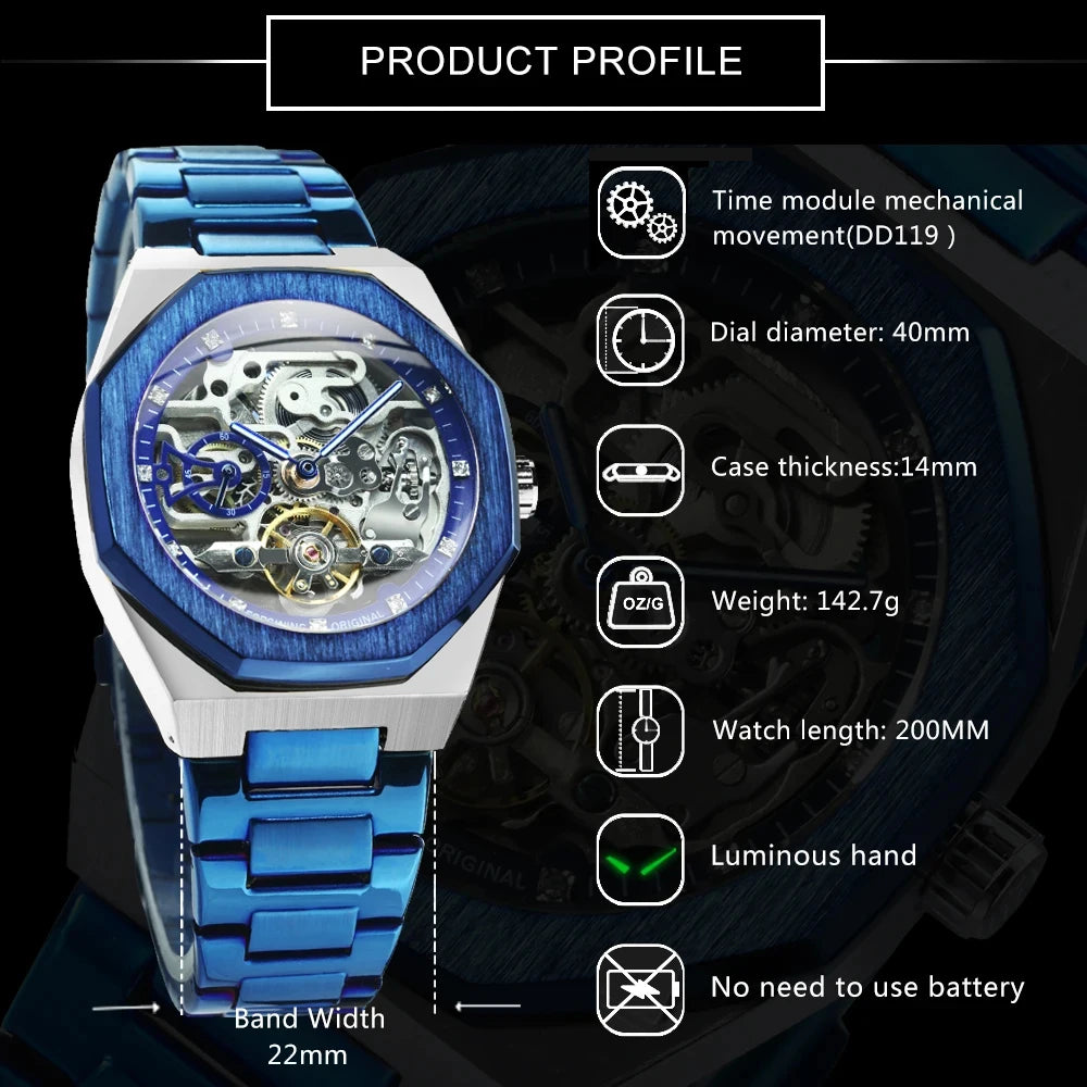 Excellence Casual Automatic Mechanical Watch for Men Luminous Hands Stainless Steel Strap Fashion Luxury Skeleton Men's Watches