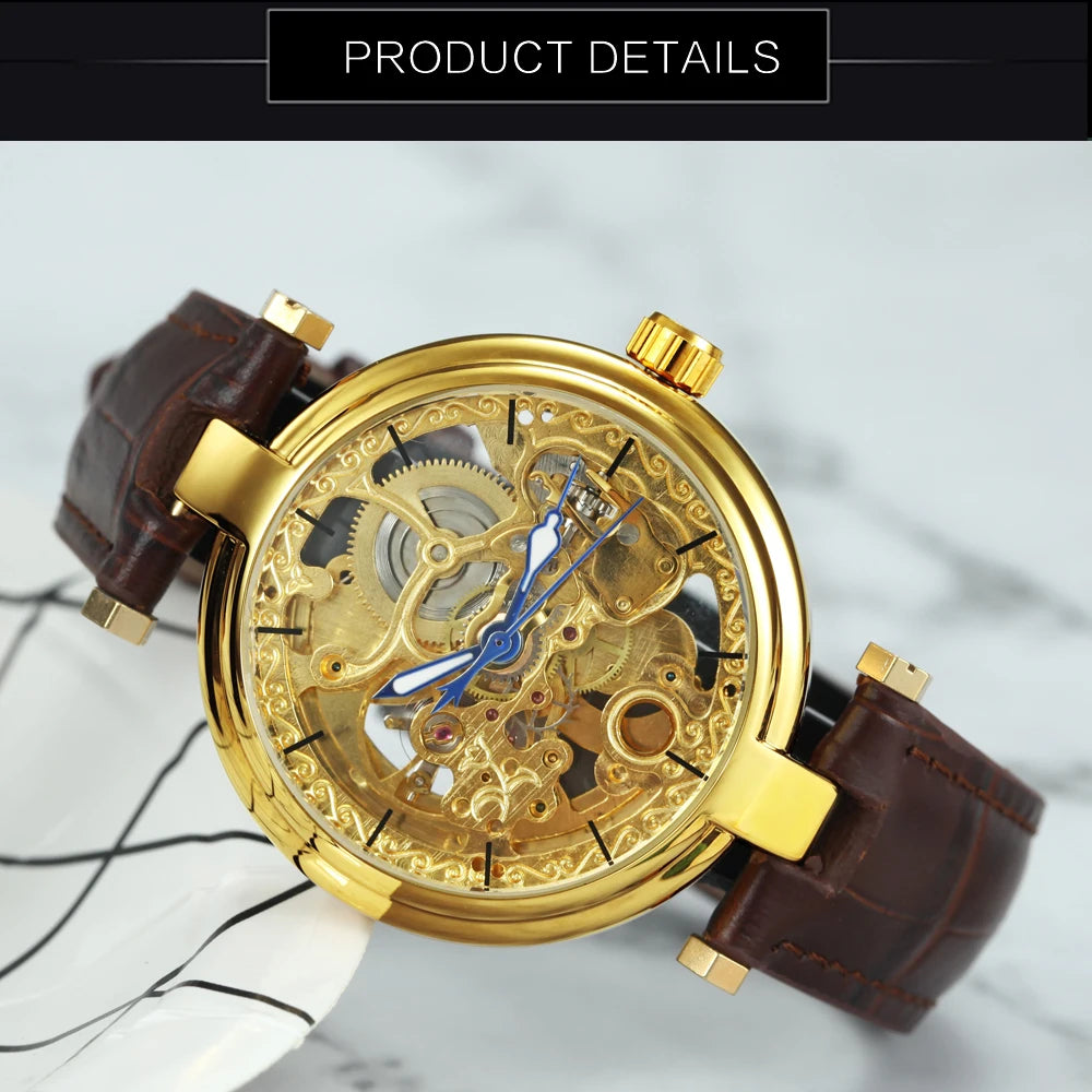 Excellence Fashion Luxury Skeleton Automatic Watch for Women Luminous Hands Elegant Gold Mechanical Ladies Watches Leather Strap