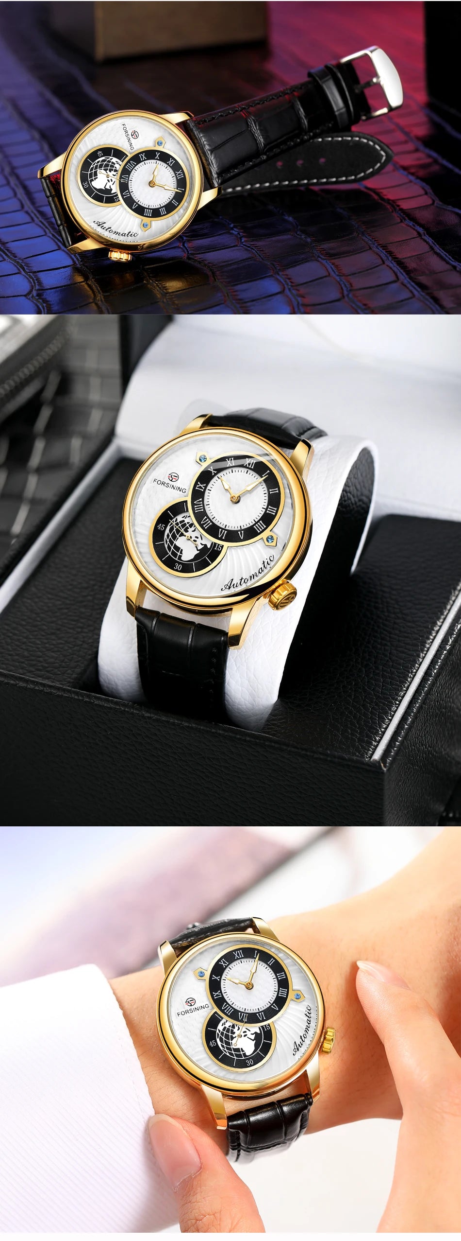 Excellence Earth Image Two Dial Automatic Self-Wind Mechanical Watch Fashion Men watch Waterproof Mesh strap