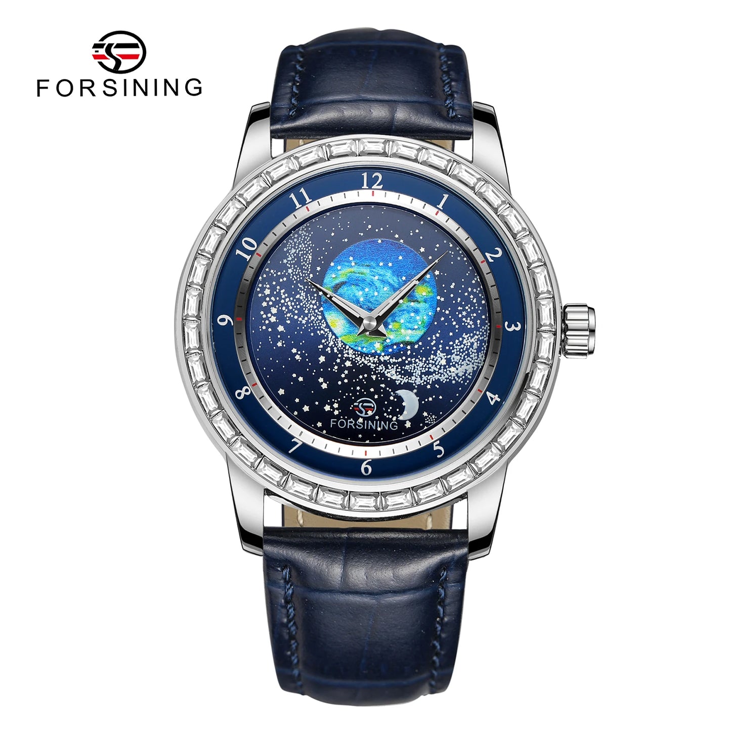 Excellence Design Earth Star Moon Set With Diamonds Genuine Belt Men Mechanical Automatic Watch Waterproof For Business