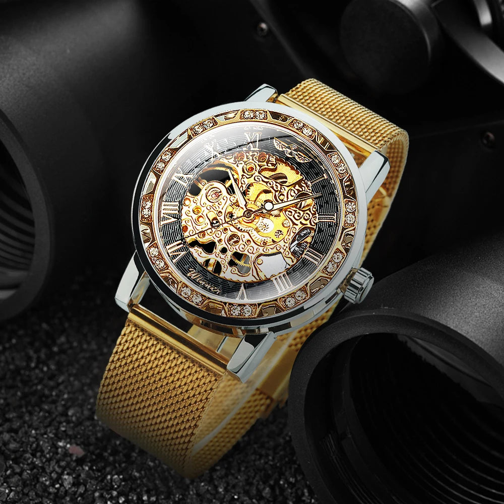 Excellence Classic Retro Mechanical Watches Luxury Iced Out Blue Skeleton Watch for Men Luminous Hands Mesh Stainless Steel Strap