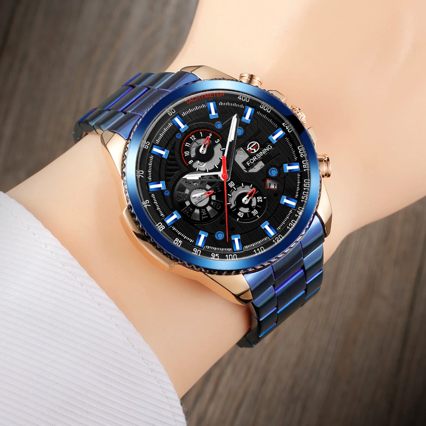 Excellence Sport Waterproof Luminous Blue Big Mechanical Watches Luxury Stainless Steel Men Watch Multifunctional Automatic Date Wristwatch