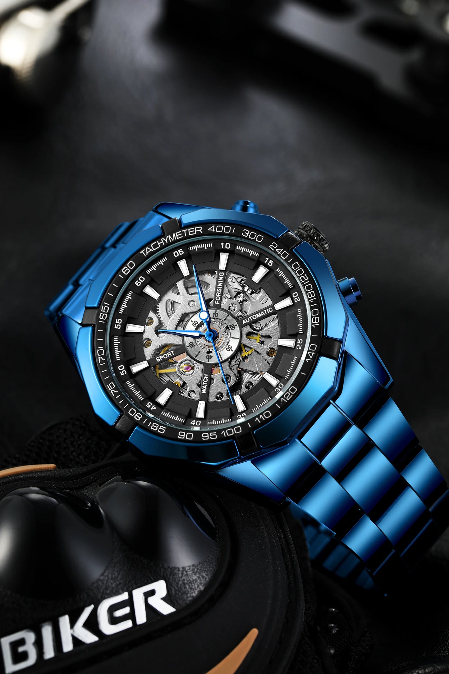 Excellence  New Stainless Steel Waterproof Men Transparent Skeleton Blue Watches Luxury Tourbillion Mechanical Sport reloj hombre