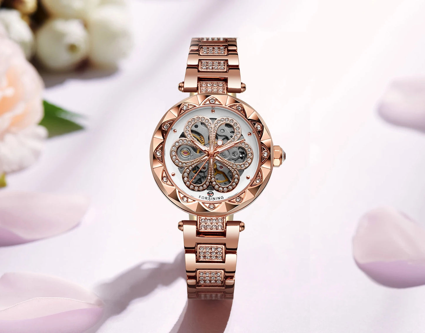 Excellence Skeleton Watch for Women Fashion Classics Diamond Automatic Mechanical Watches Luminous Hands Stainless Steel Strap