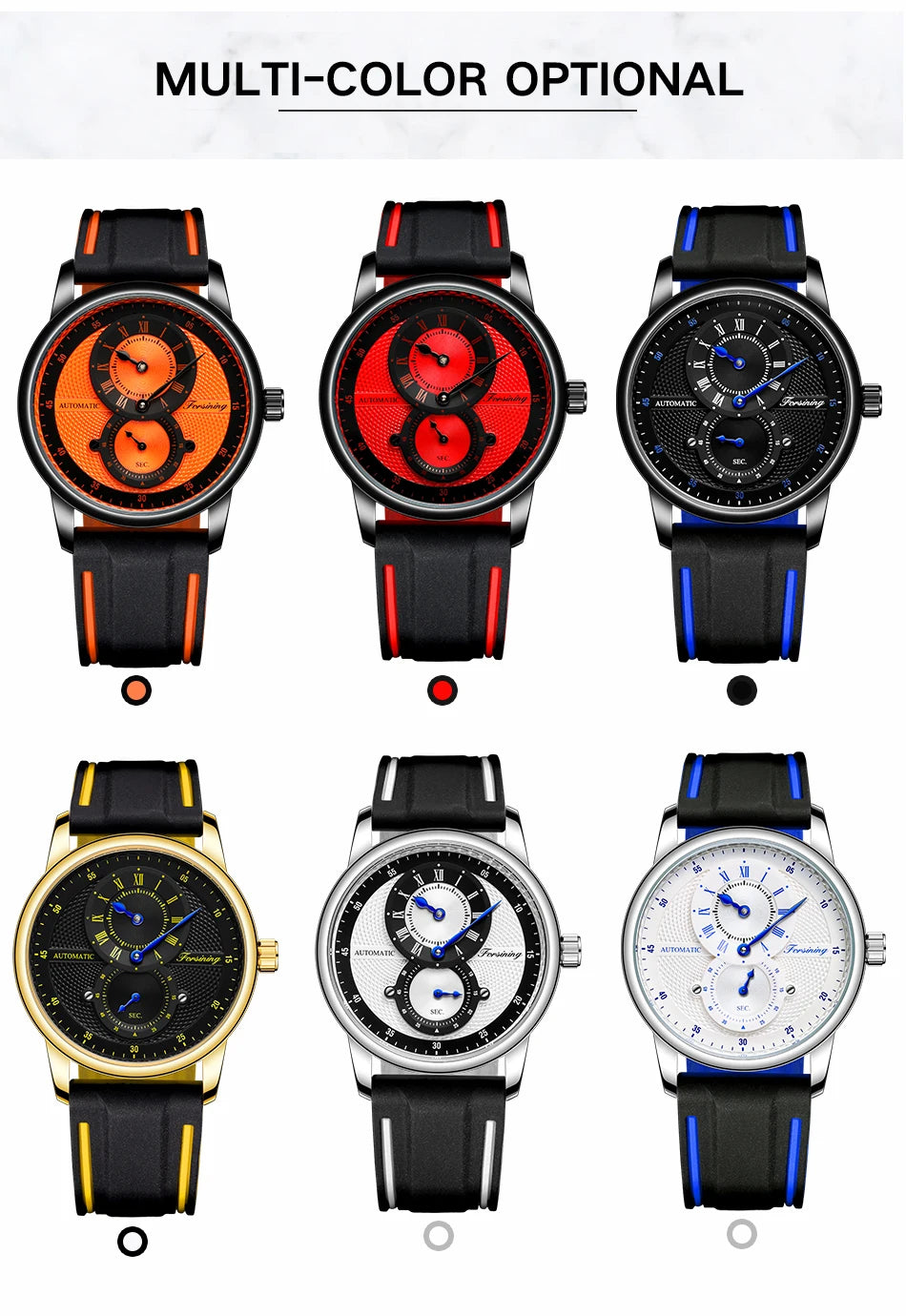 Excellence Red Casual Automatic Mechanical Watches Rubber strap Waterproof Men's Watch Top Brand Luxury Watch