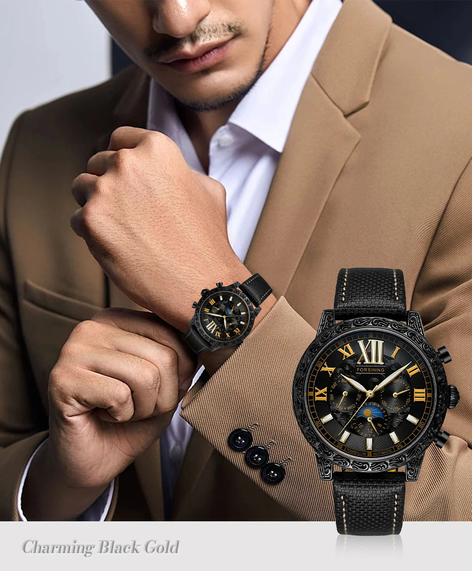 Excellence Design New Men Watches Top Luxury Automatic Mechanical Moon Phase Auto Date Leather Wrist watch Waterproof watch