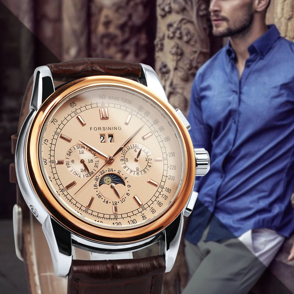 Excellence Mechanical Watches Moon Phase Shanghai Movement Rose Gold Case Brown Leather Strap Luxury Automatic Men's Watch