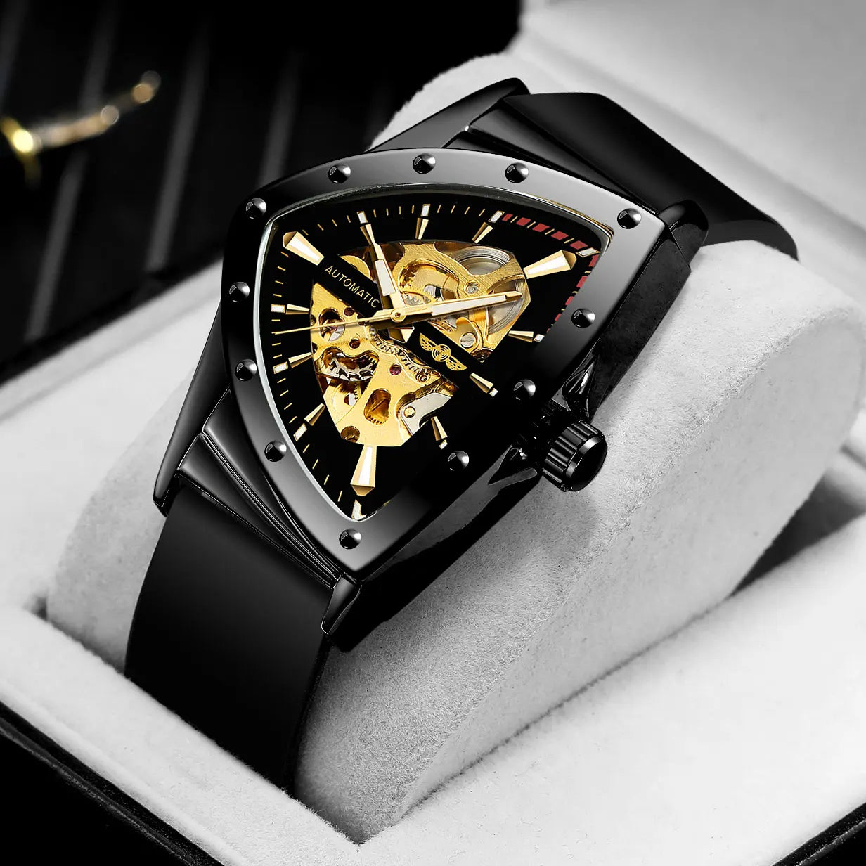 Excellence Military Triangle Skeleton Automatic Watch for Men Gold Sports Mechanical Watches Luxury Rubber strap Luminous