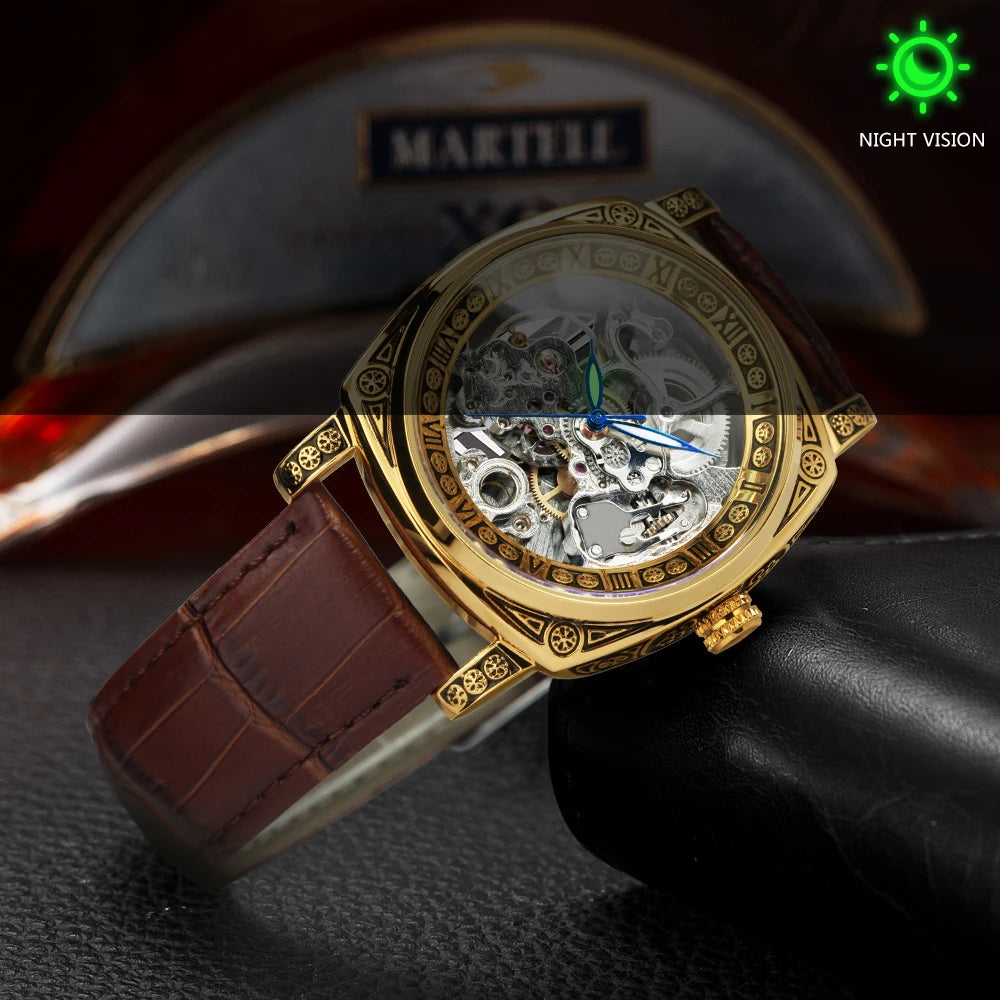 Excellence Gold Mechanical Men's Watches Top Brand Luxury Skeleton Automatic Watch Engraved Movement genuine Leather Strap 2024