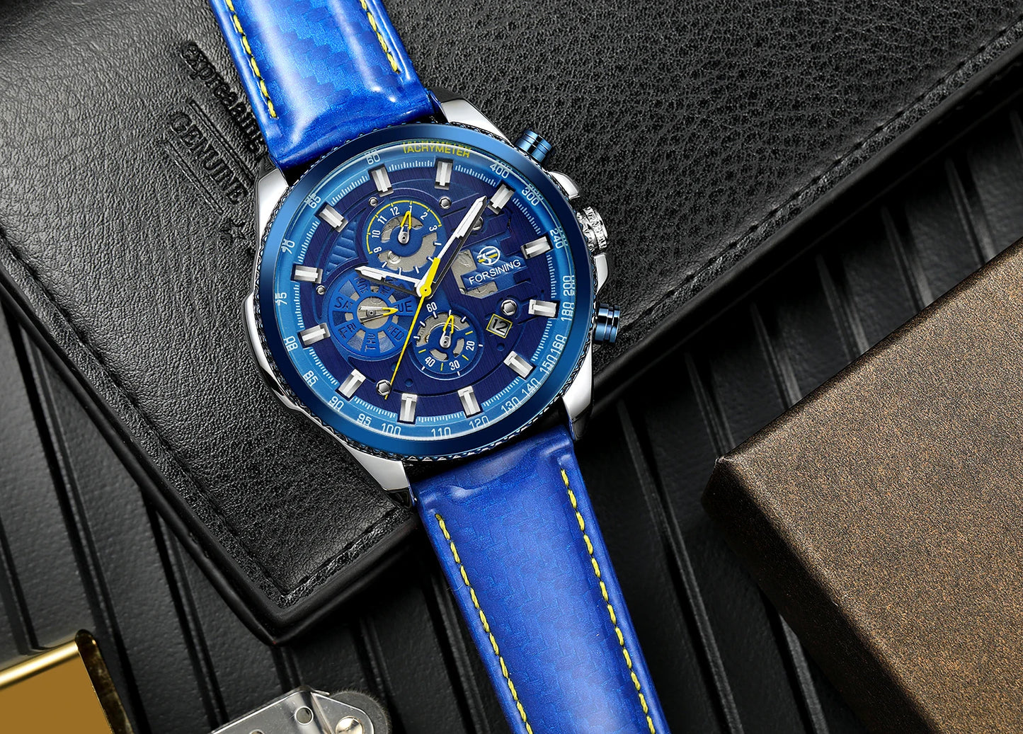 Excellence Original Waterproof Luminous Big Blue Dial Mechanical Watches Luxury Men Watch Multifunctional Automatic Date Leather Wrist