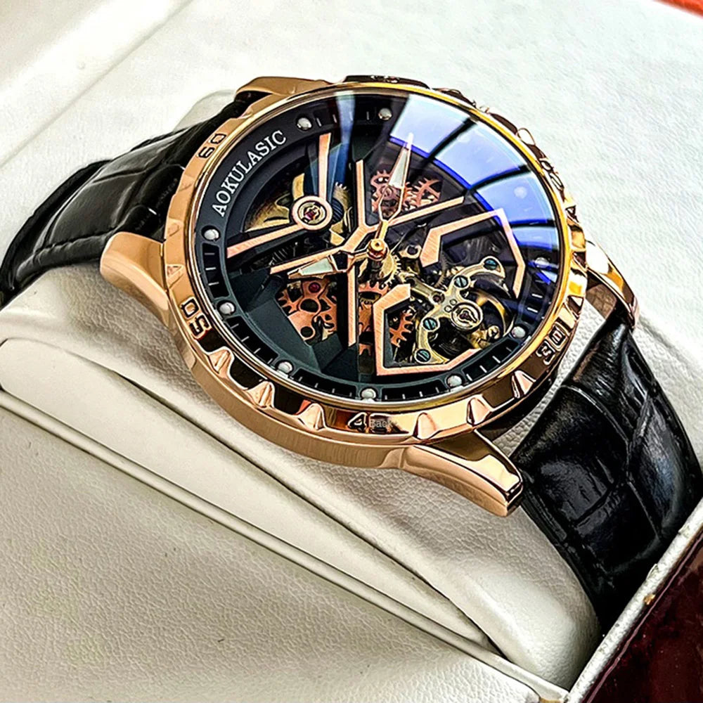 Excellence Fashion Tourbillon Skeleton Mechanical Watches Luminous Hands Rose Gold Automatic Watch for Men Steel Leather Strap