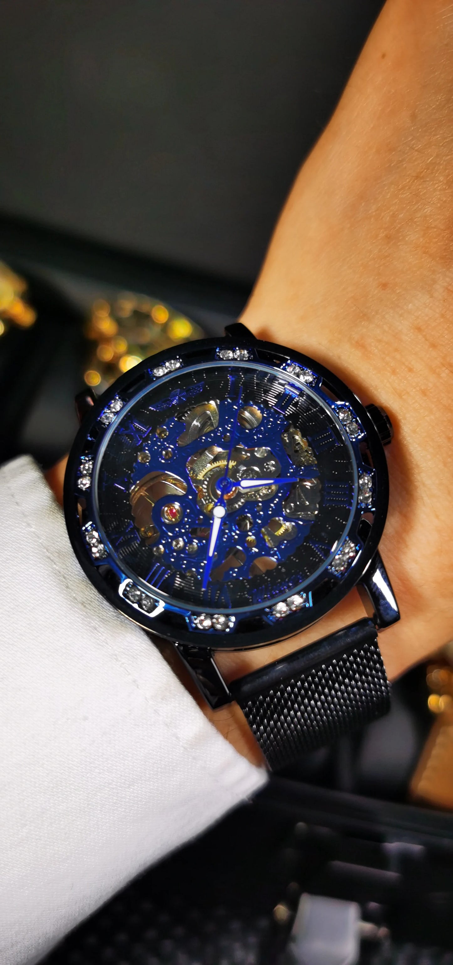 Excellence Classic Retro Mechanical Watches Luxury Iced Out Blue Skeleton Watch for Men Luminous Hands Mesh Stainless Steel Strap