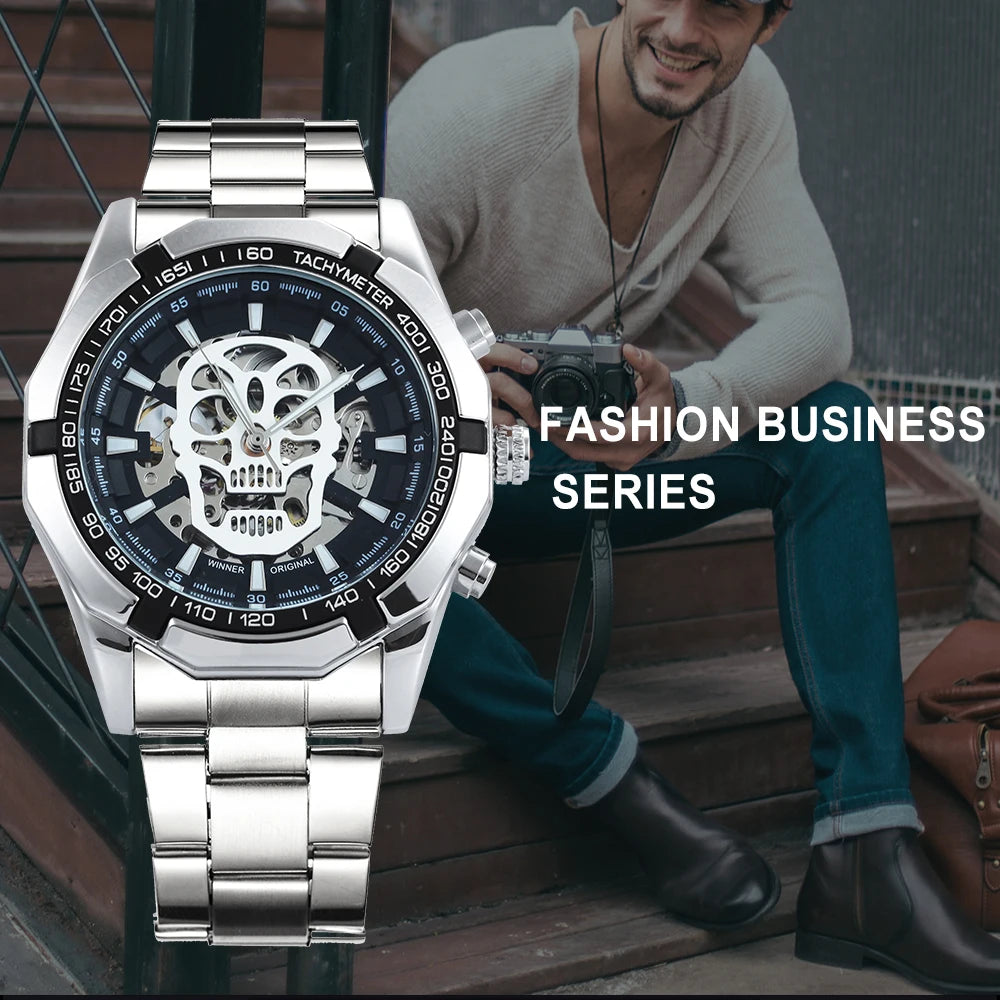 Excellence Classic Military Automatic Watch for Men Luminous Dial Sports Skull Skeleton Mechanical Watches Luxury Steel Band Clock