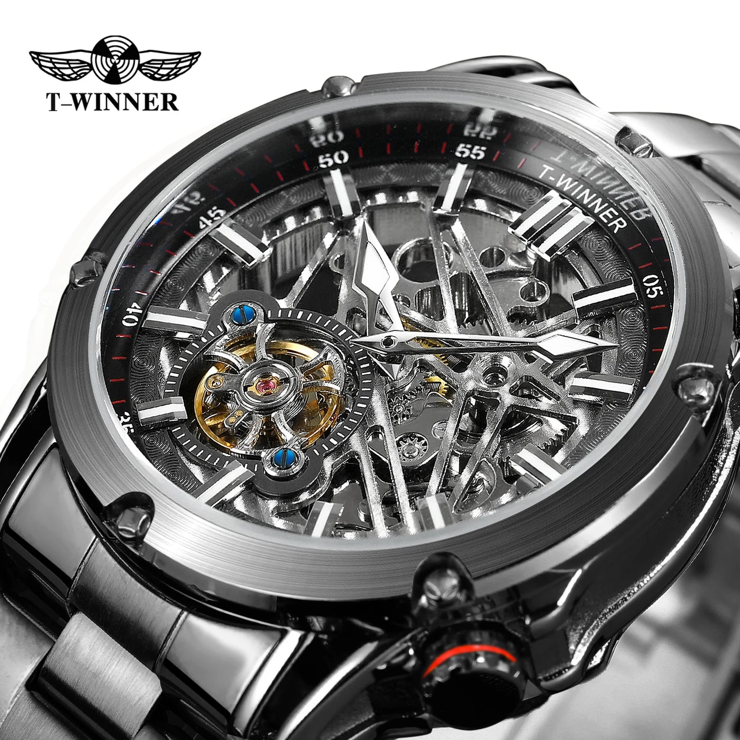 Excellence Sports Military Skeleton Automatic Watch for Men Luminous Hands Stainless Steel Strap Luxury Tourbillon Mens Watches New