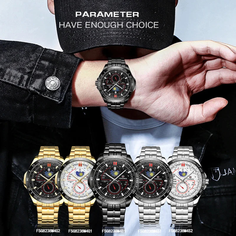 Excellence Two Dial Calendar Stainless Steel Men Mechanical Automatic Wrist Watches Top Brand Luxury Military Sport Male Watch