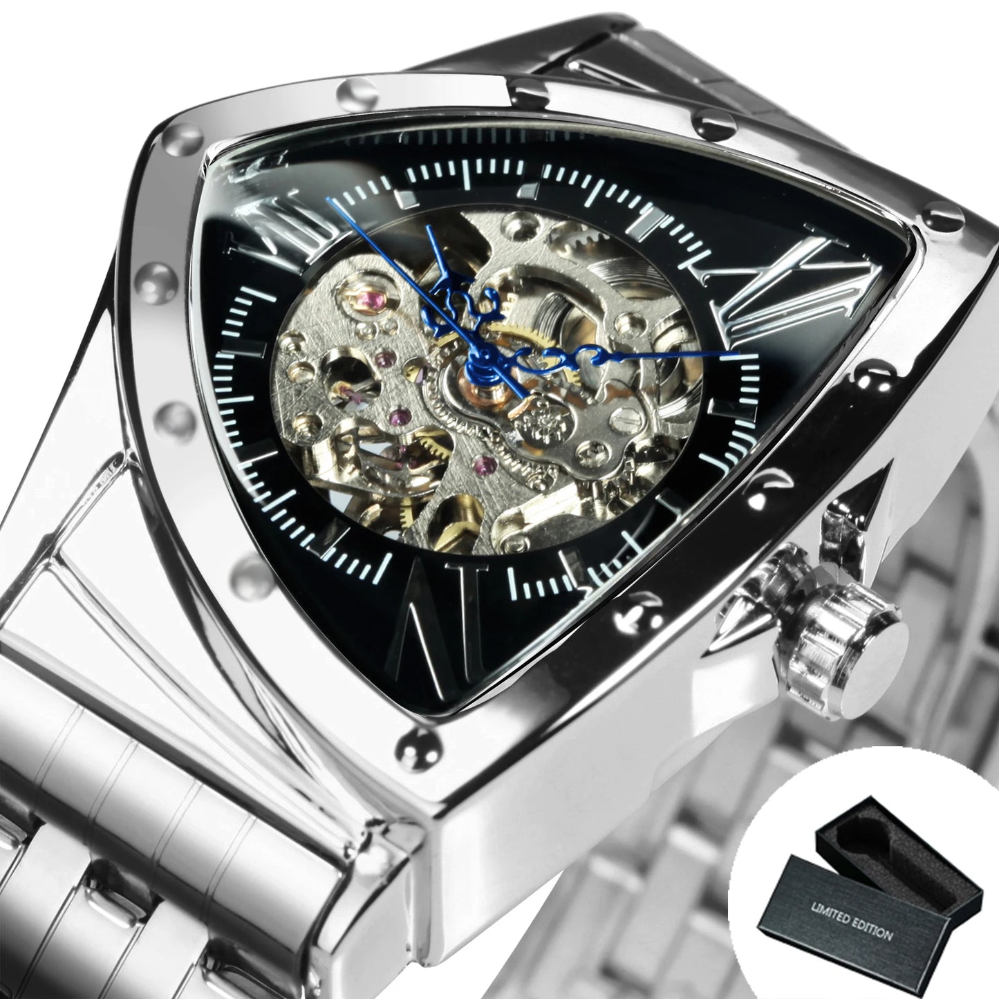 Excellence Military Triangle Skeleton Automatic Watch for Men Luxury Brand Stainless Steel Strap Fashion Sports Mechanical Watch