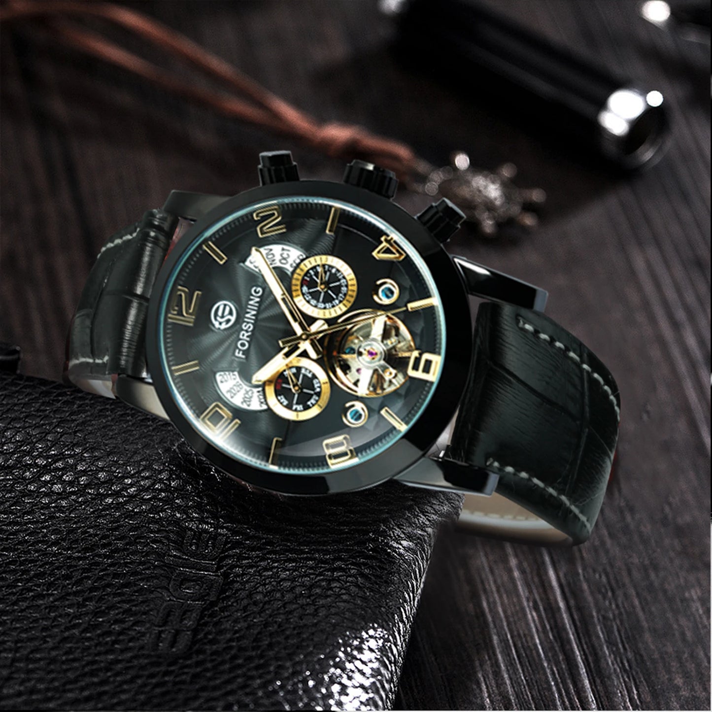 Excellence Tourbillon Skeleton Automatic Mechanical Watch for Men Calendar Window Week Display Leather Belt Classic Watches