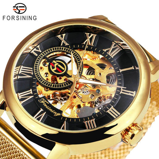 Excellence Classic Gold Mechanical Watch Retro Transparent Skeleton Men's Watches Top Brand Luxury Mesh Stainless Steel Strap Glow