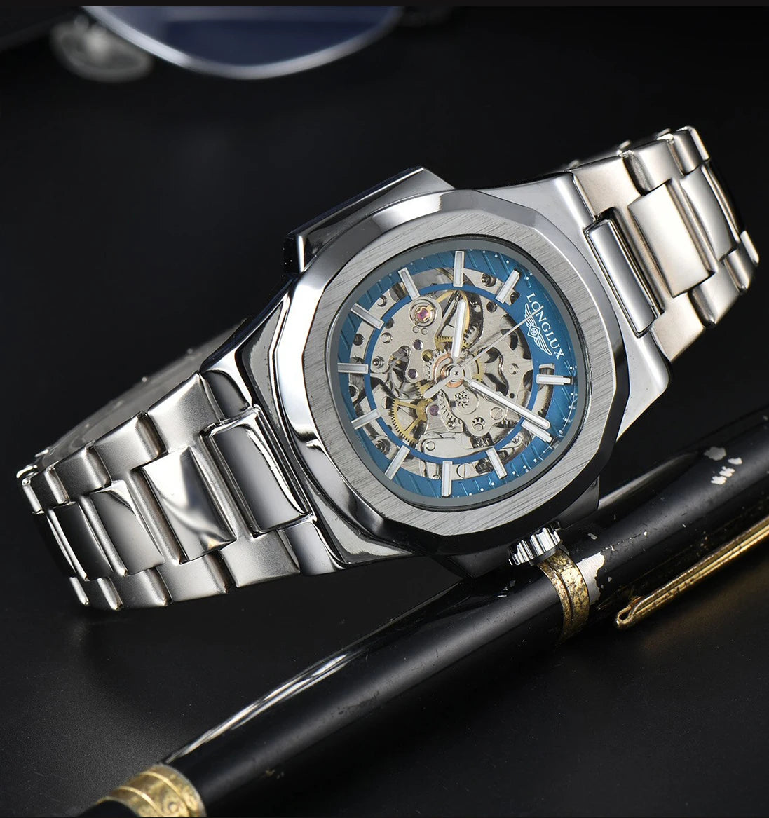 Excellence automatic watch luxury wholesale mechanical wristwatches stainless steel skeleton waterproof  men's watch