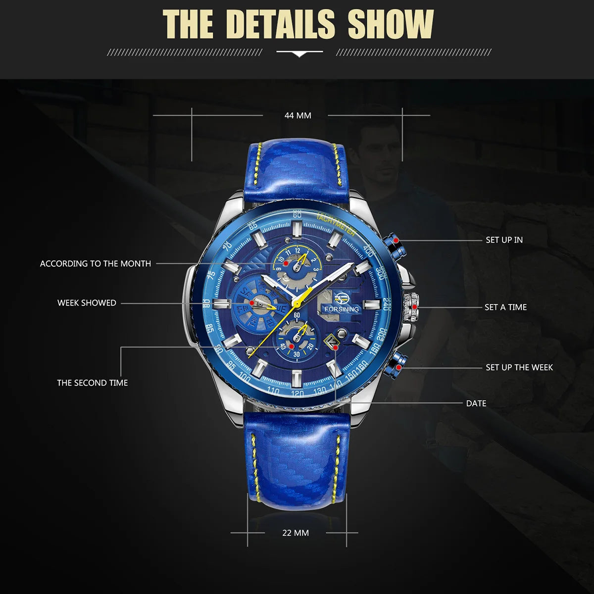 Excellence Original Waterproof Luminous Big Blue Dial Mechanical Watches Luxury Men Watch Multifunctional Automatic Date Leather Wrist