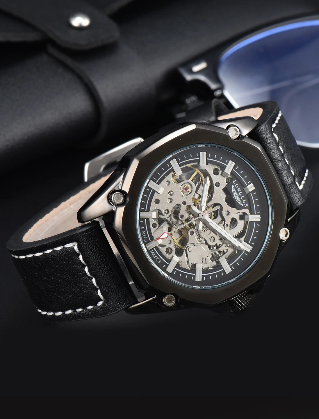 Excellence automatic watch sport style wholesale mechanical wristwatches fashion hollow leather men's watch men gift