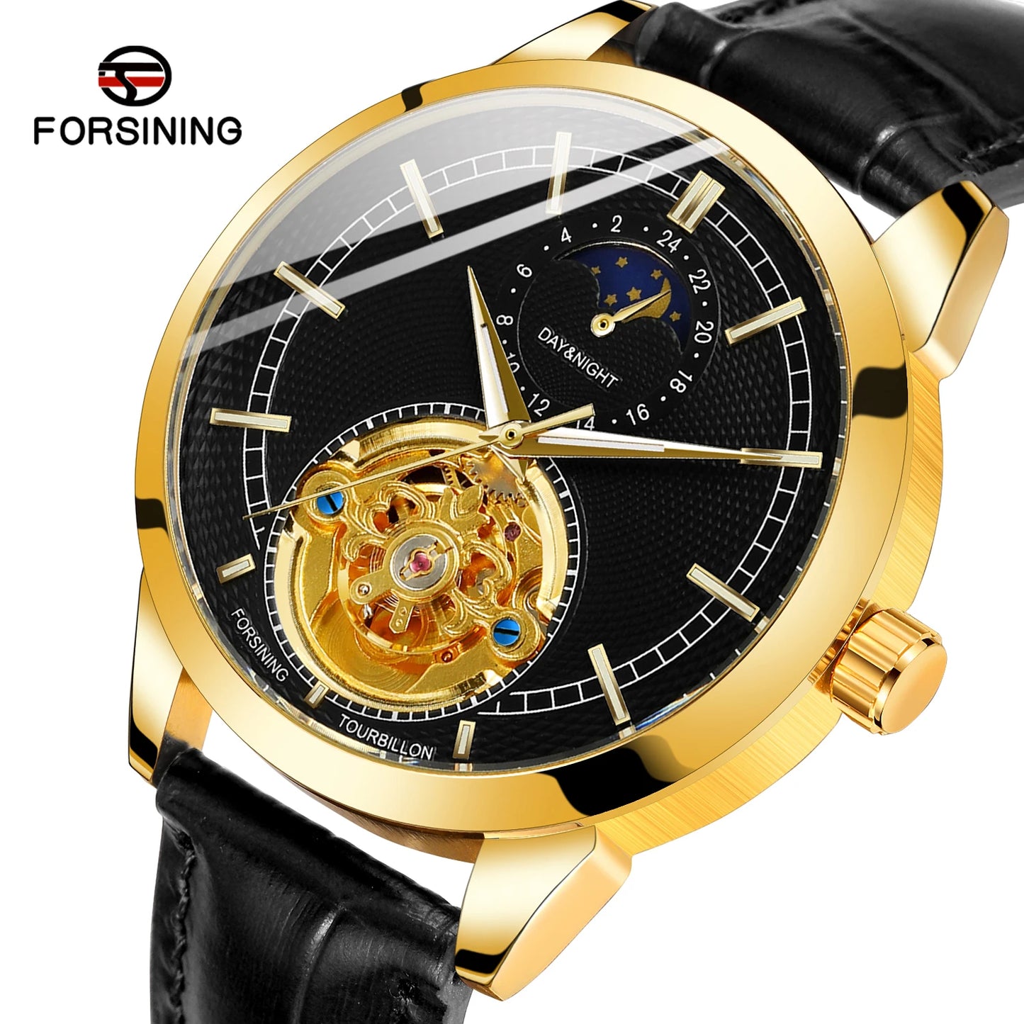 Excellence  Top Brand Hollow Tourbillon Pin Scale Full Automatic Mechanical Man Business Leather Belt Moon Phase Watch