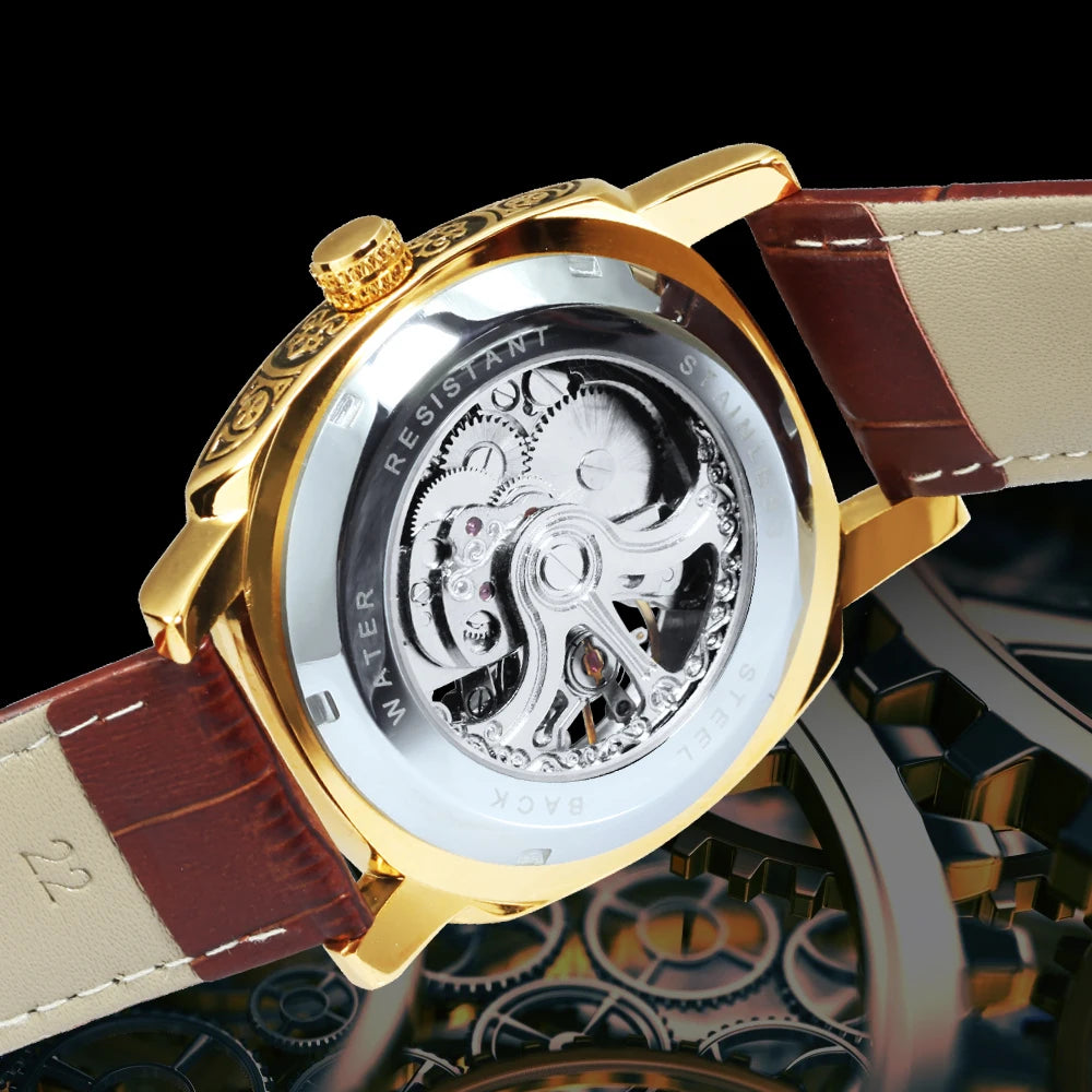 Excellence Gold Mechanical Men's Watches Top Brand Luxury Skeleton Automatic Watch Engraved Movement genuine Leather Strap 2024