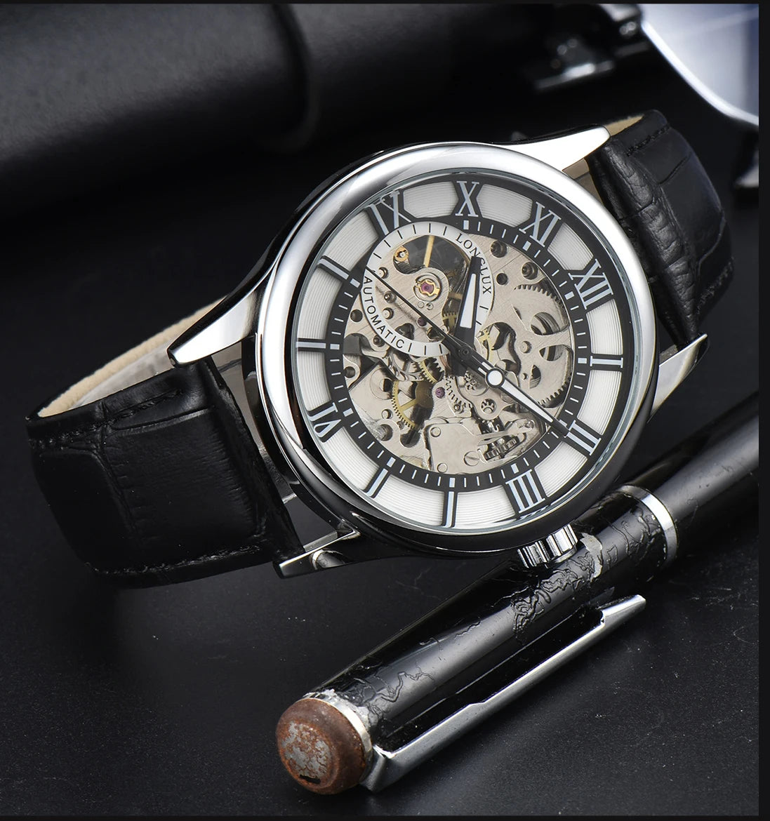 Excellence automatic watch rome wholesale mechanical wristwatches waterproof hollow leather mens watch men gift