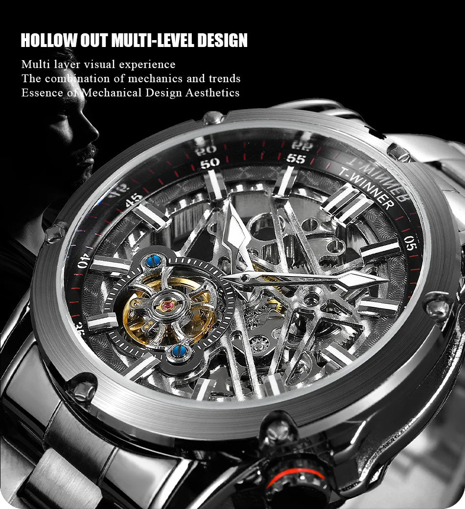 Excellence Sports Military Skeleton Automatic Watch for Men Luminous Hands Stainless Steel Strap Luxury Tourbillon Mens Watches New