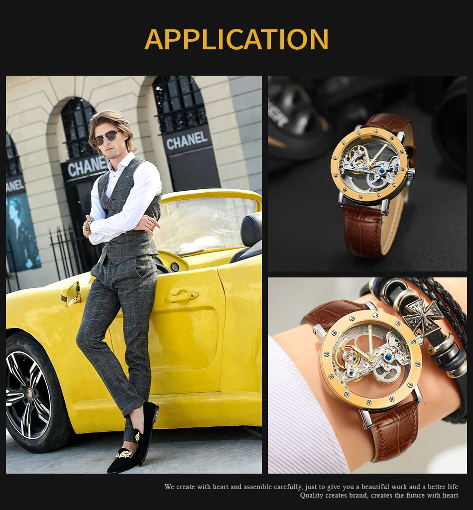 Excellence Top Brand Luxury Steel Skeleton Tourbillon Automatic Watch Men Leather Mechanical Waterproof Luminous Elegant Wrist Clock