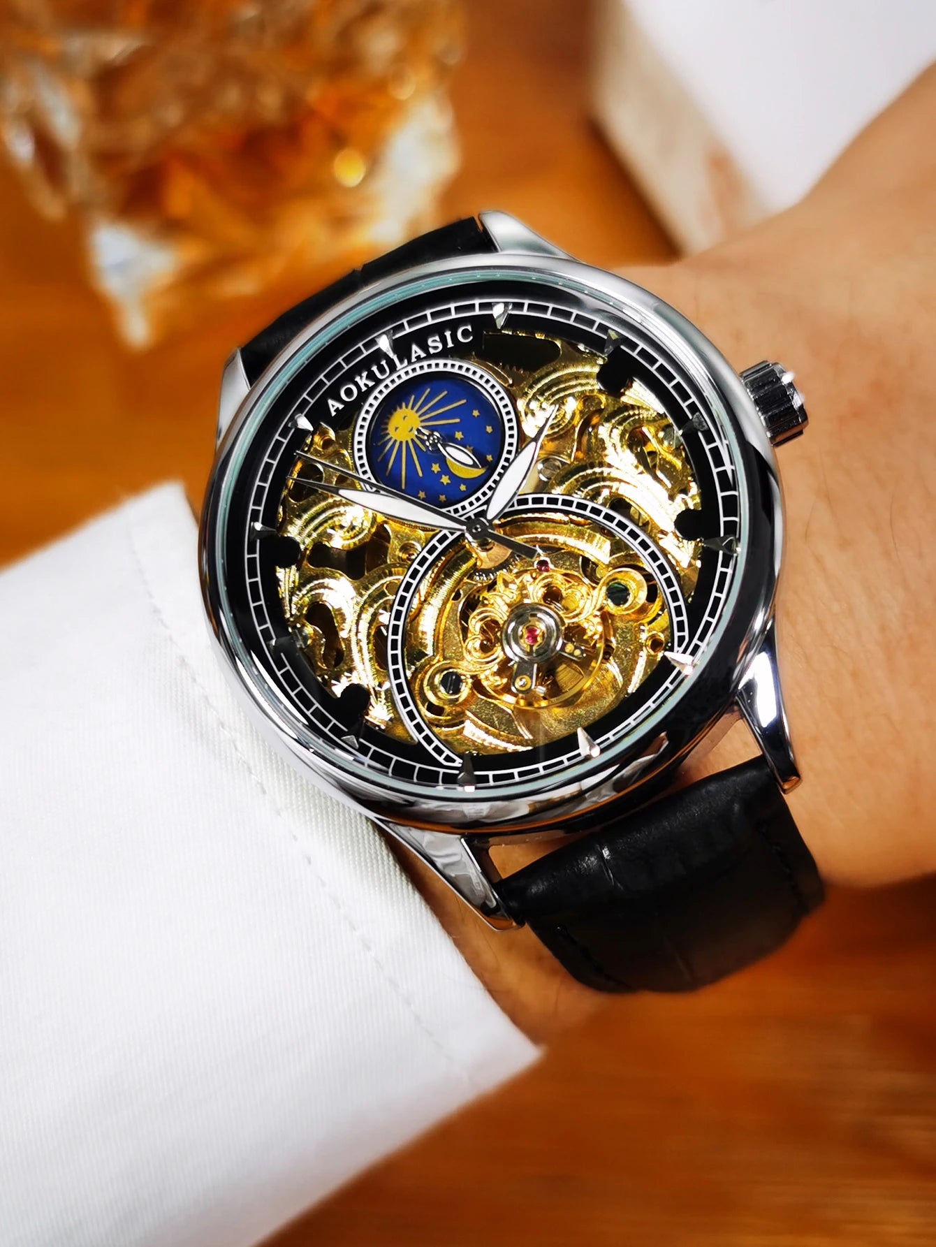 Excellence Tourbillon Men's Watches Top Brand Luxury Skeleton Automatic Mechanical Watch Casual Leather Strap Sun Phase Male Men watch