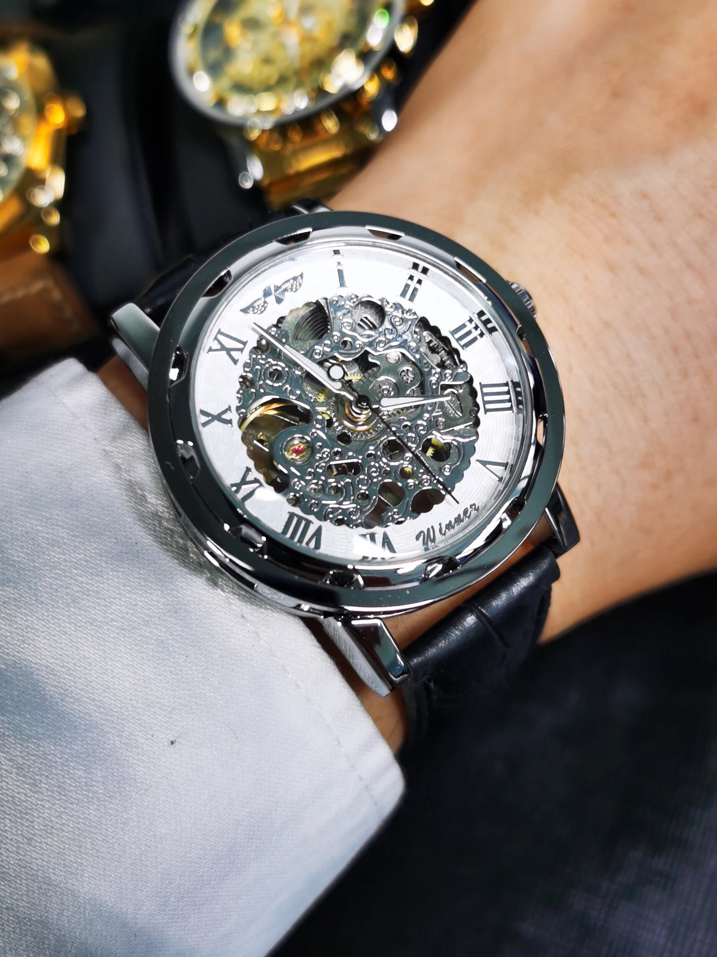 Excellence Transparent Skeleton Mechanical Watches Luminous Hands Silver White Retro Luxury Watch for Men Black Leather Belt